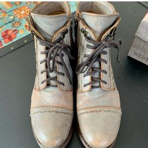 Bed Stu Gray and Brown Distressed Leather Lace-Up Ankle Boots